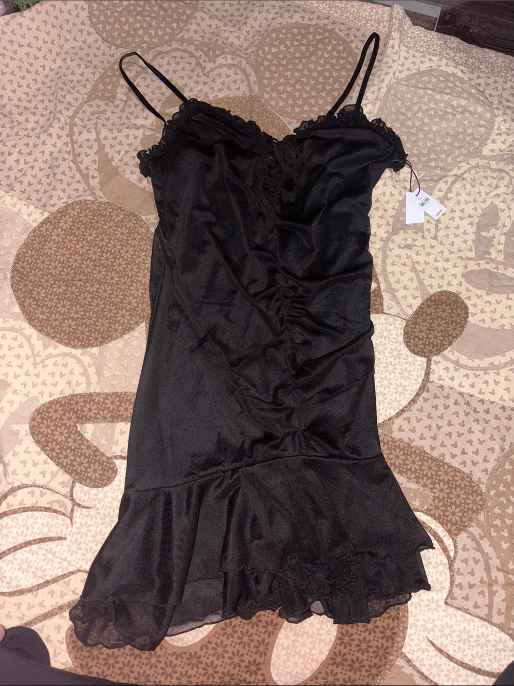 Black Satin Mini Slip Dress with Ruffle Hem